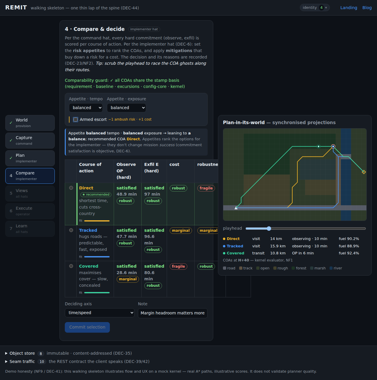 Compare: the A2 satisfaction matrix, comparability guard, and rationale capture