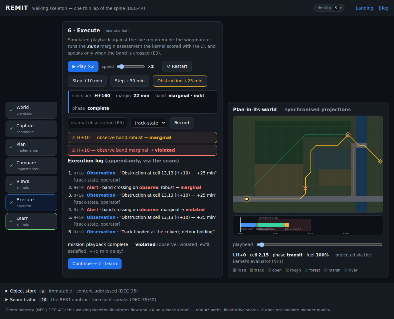 Execute: band-crossing alerts and the append-only execution log during playback