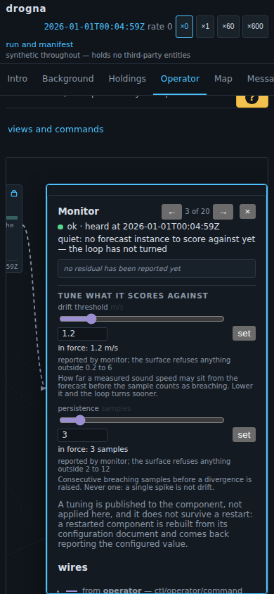 The same monitor card open on a 390-pixel-wide phone screen: taller and narrower, with
its heading, walk arrows, both sliders and their limits all
readable.